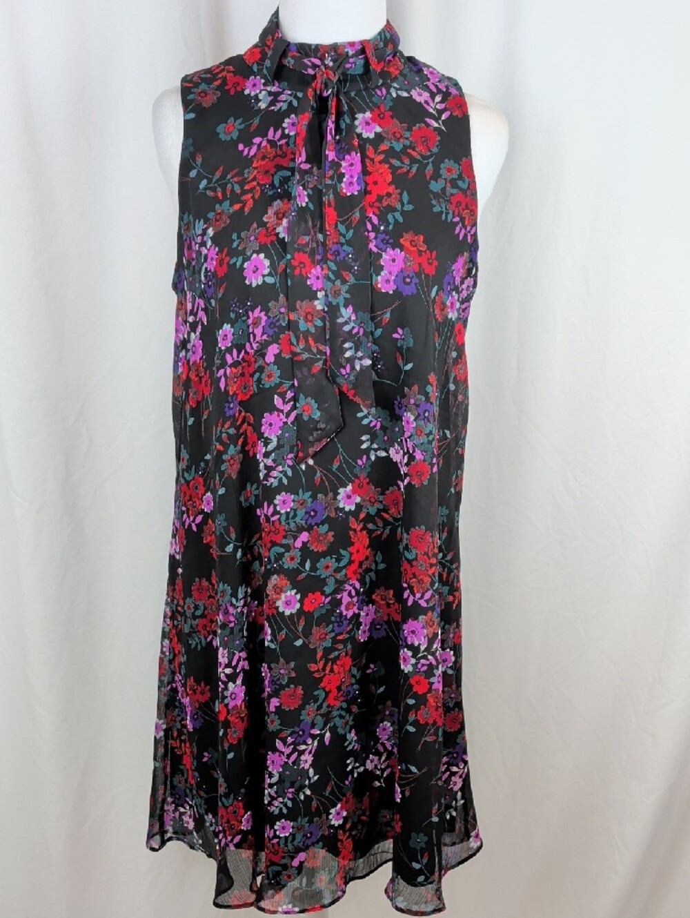 🖤 Calvin Klein Black Floral Sleeveless Tie-Neck Mini Dress 🖤